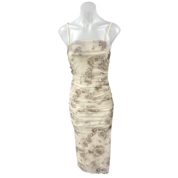 NEW Commense Cream Floral Ruched Sleeveless Cami Camsole Bodycon Tank Dress S - Picture 1 of 6